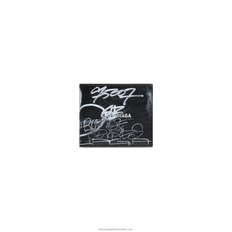 siyah DBJ0F1377 erkekler nakit kare katlanmış cüzdan grafiti Balenciaga