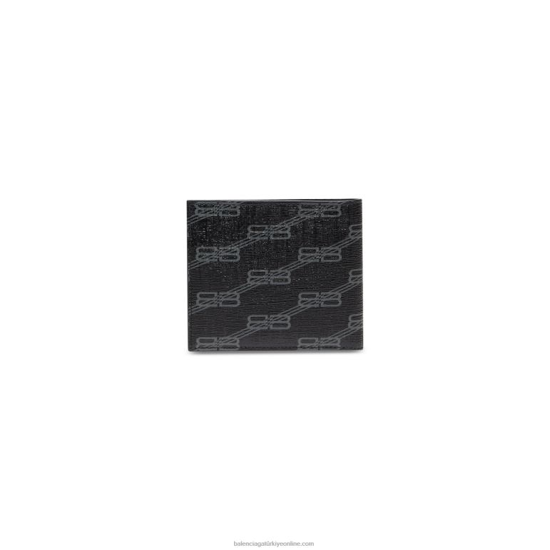 siyah DBJ0F1388 erkek imza kare katlanmış cüzdan bb tuğrası kaplı tuval Balenciaga