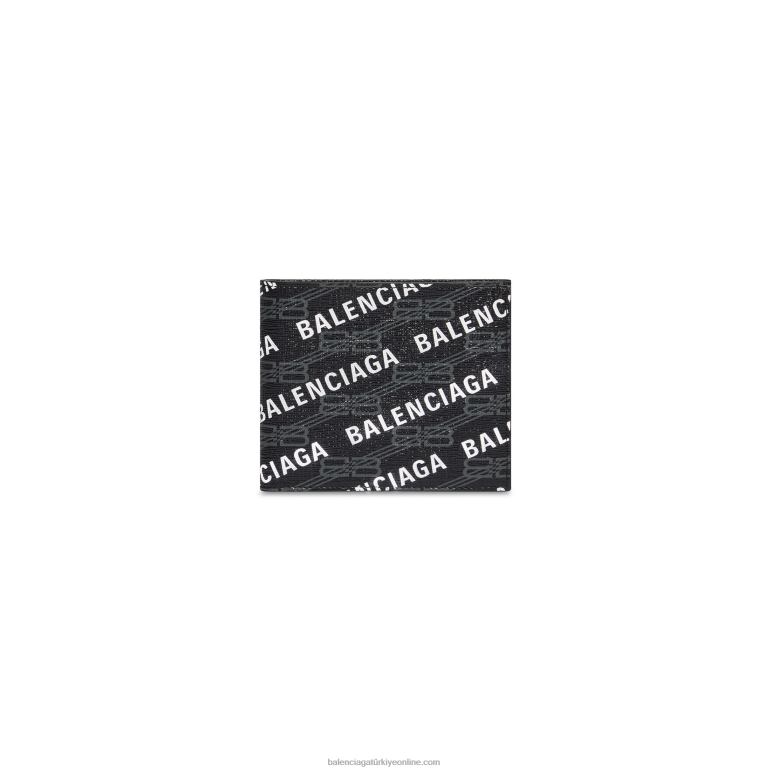 siyah DBJ0F1390 erkek imzası kare katlanmış cüzdan bb tuğrası kaplı kanvas ve boydan boya logo Balenciaga