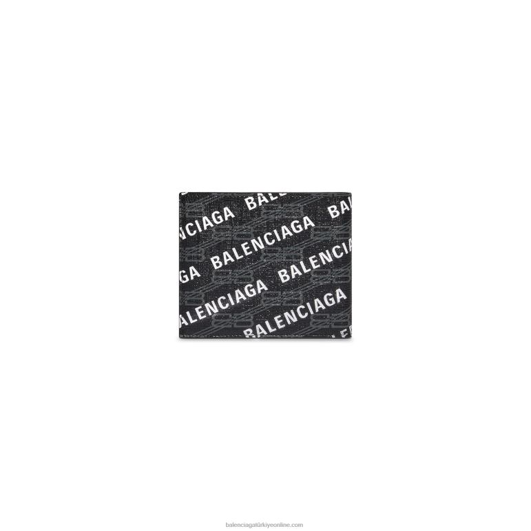 siyah DBJ0F1390 erkek imzası kare katlanmış cüzdan bb tuğrası kaplı kanvas ve boydan boya logo Balenciaga