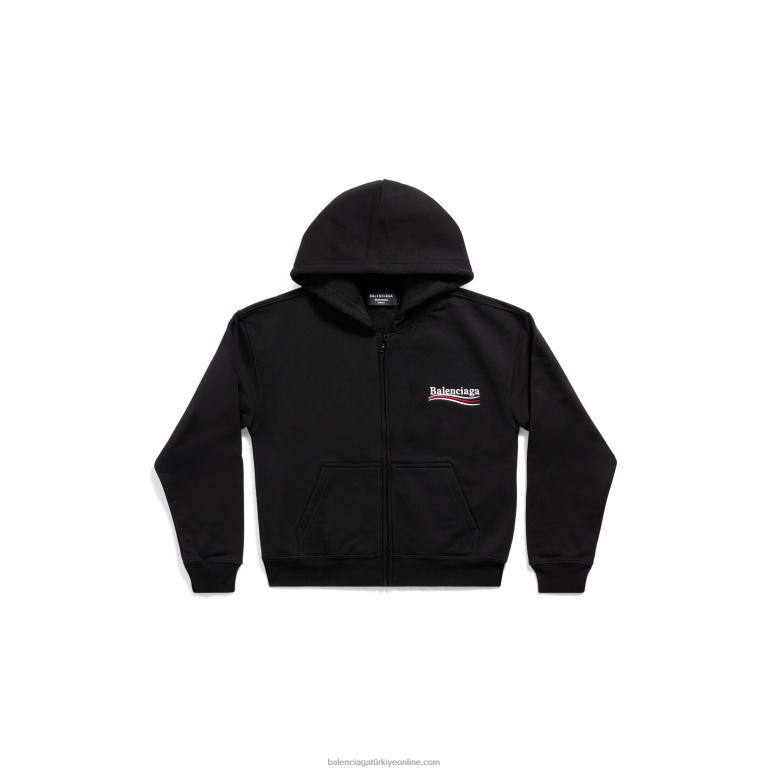 siyah DBJ0F1052 erkekler politik kampanya küçültülmüş fermuarlı kapşonlu küçük kesim Balenciaga