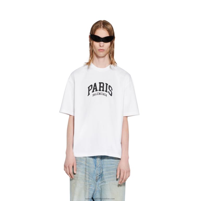 beyaz DBJ0F1023 erkek şehirler paris t-shirt orta kesim Balenciaga