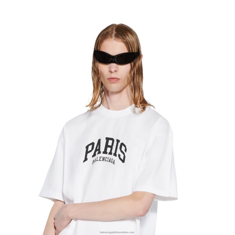 beyaz DBJ0F1023 erkek şehirler paris t-shirt orta kesim Balenciaga
