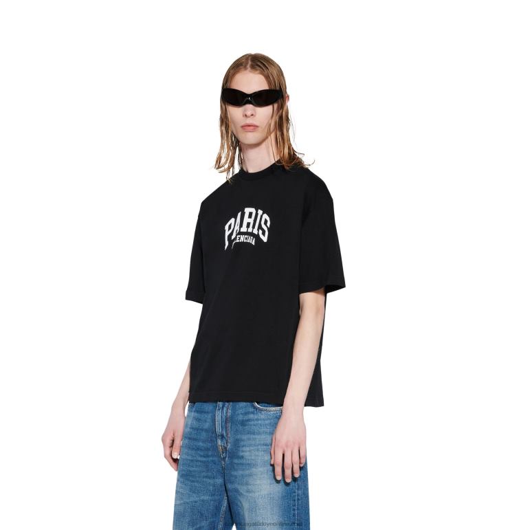 siyah DBJ0F1022 erkek şehirler paris t-shirt orta kesim Balenciaga