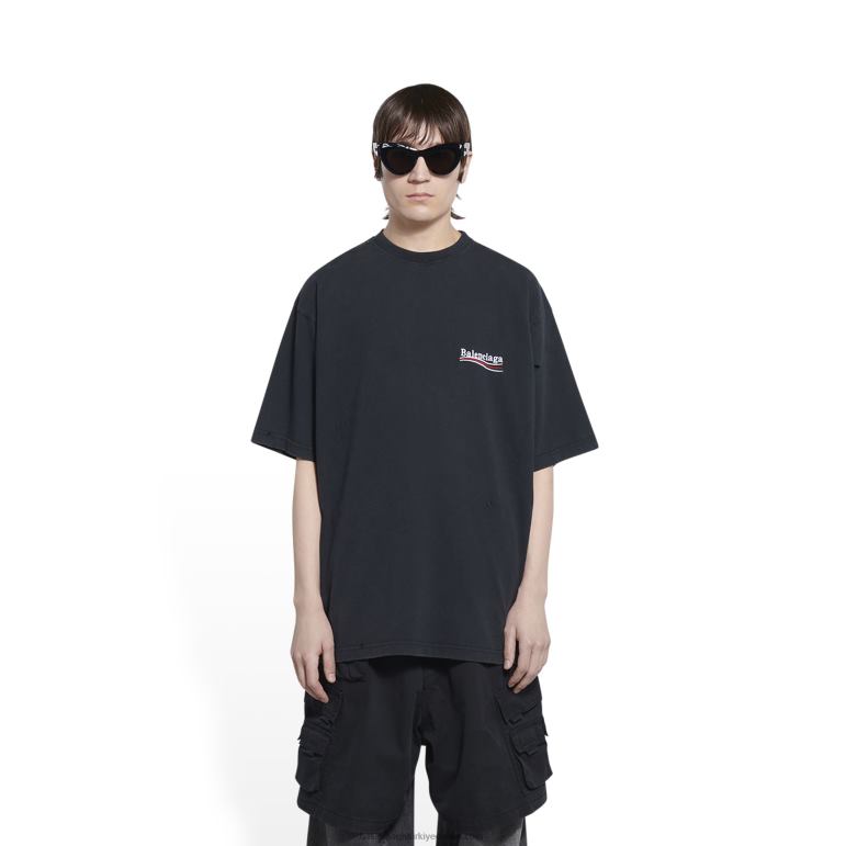 siyah DBJ0F920 erkekler siyasi kampanya t-shirt geniş kesim Balenciaga