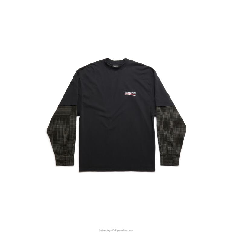siyah soluk DBJ0F912 erkekler siyasi kampanya katmanlı tişört büyük beden Balenciaga
