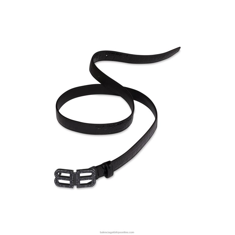 siyah DBJ0F734 kadın bb kum saati rhinestones ile kabartmalı ince kemer timsah Balenciaga