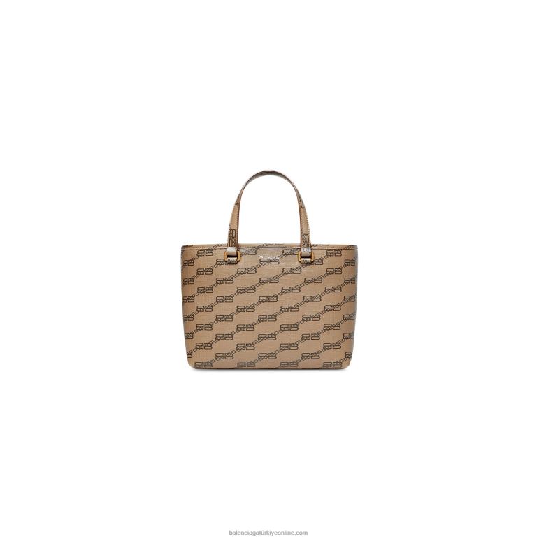 bej DBJ0F551 kadın imzası küçük doğu-batı alışveriş çantası bb tuğrası kaplı kanvas Balenciaga