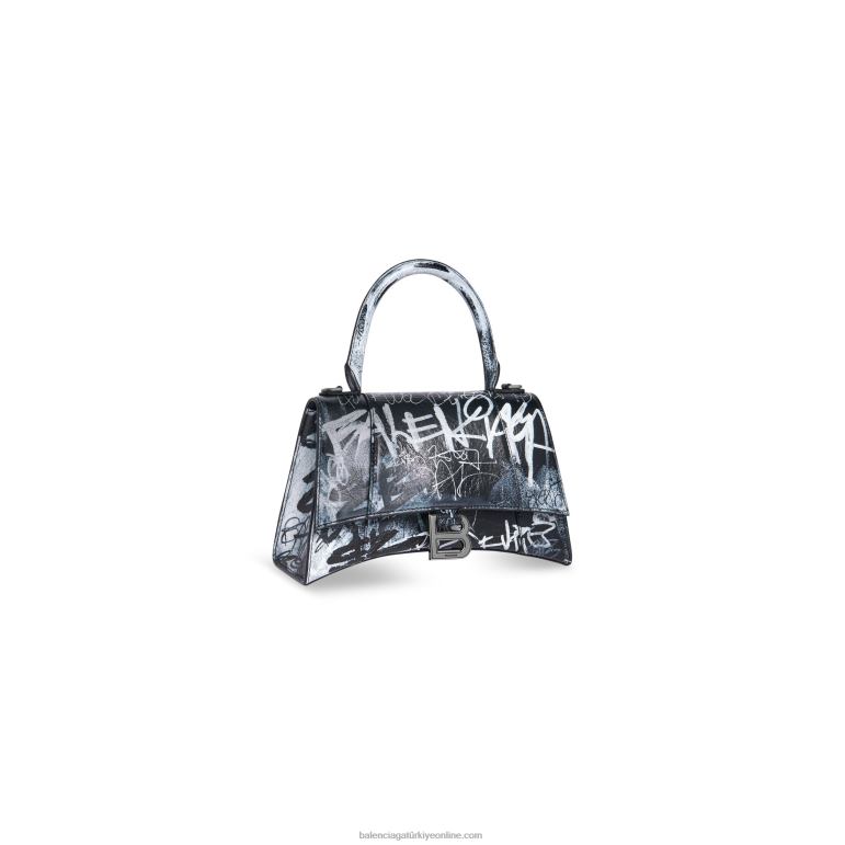 siyah DBJ0F422 kadın kum saati küçük el çantası grafiti Balenciaga