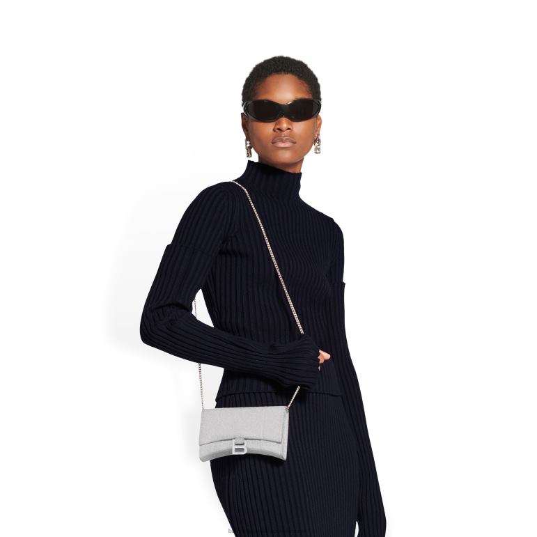 gümüş DBJ0F392 ışıltılı kumaştan zincirli kadın kum saati xs cüzdanı Balenciaga