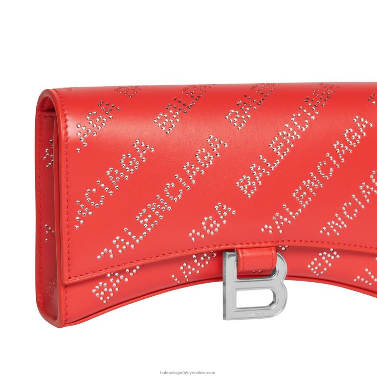 kırmızı DBJ0F363 rhinestones ile zincir üzerinde kadın kum saati cüzdan Balenciaga