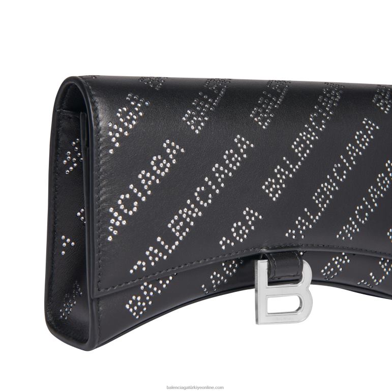 siyah DBJ0F364 rhinestones ile zincir üzerinde kadın kum saati cüzdan Balenciaga
