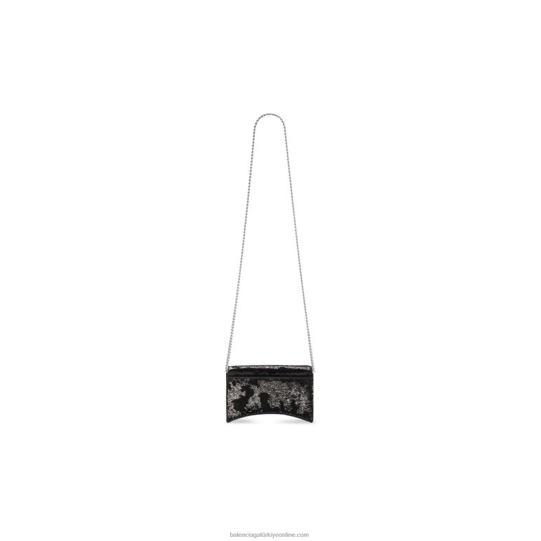 siyah DBJ0F377 zincir ve payetler üzerinde kum saati kadın cüzdanı Balenciaga