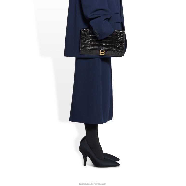 siyah DBJ0F621 kadın kum saati düz kese flep timsah kabartmalı Balenciaga