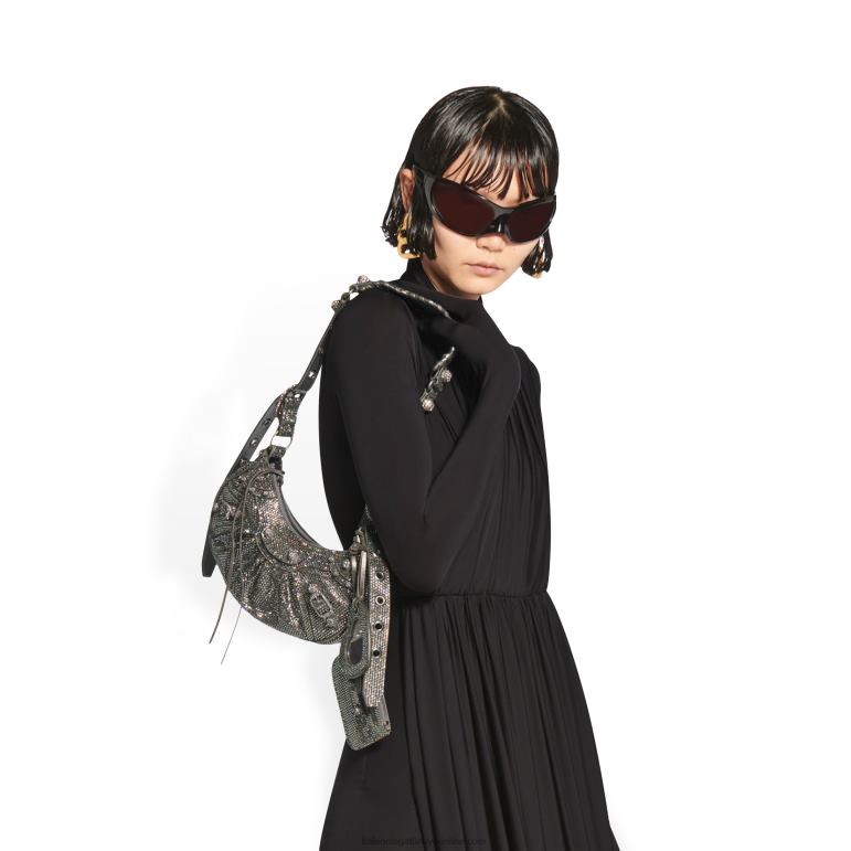 gri DBJ0F463 rhinestones ile kadın le cagole xs omuz çantası Balenciaga