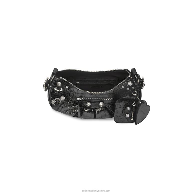 gri DBJ0F510 Kadın le cagole küçük omuz çantası yapay elmaslarla kabartmalı metalize timsah Balenciaga
