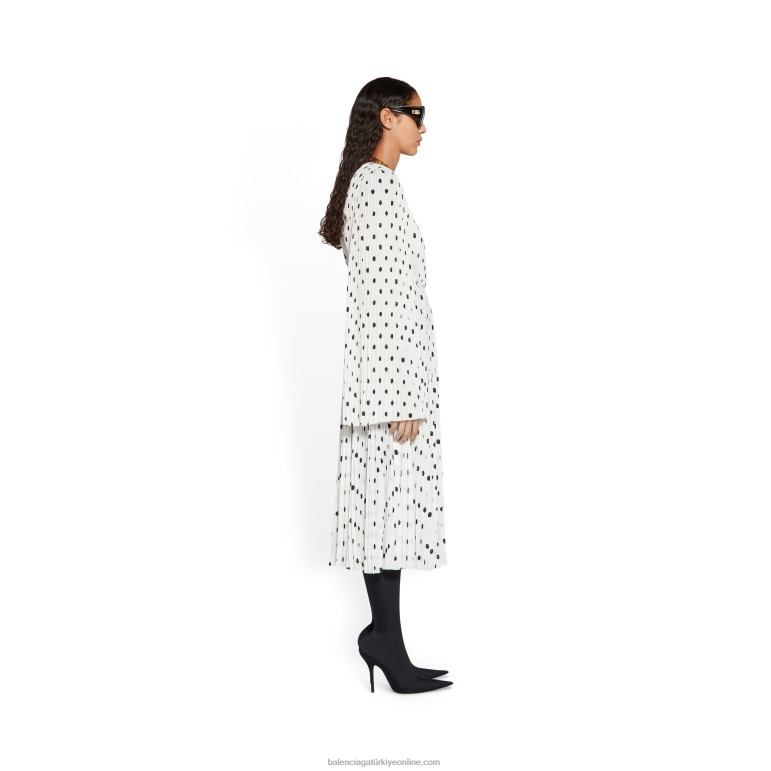 beyaz DBJ0F111 kadın elle çizilmiş puantiyeli pileli elbise Balenciaga