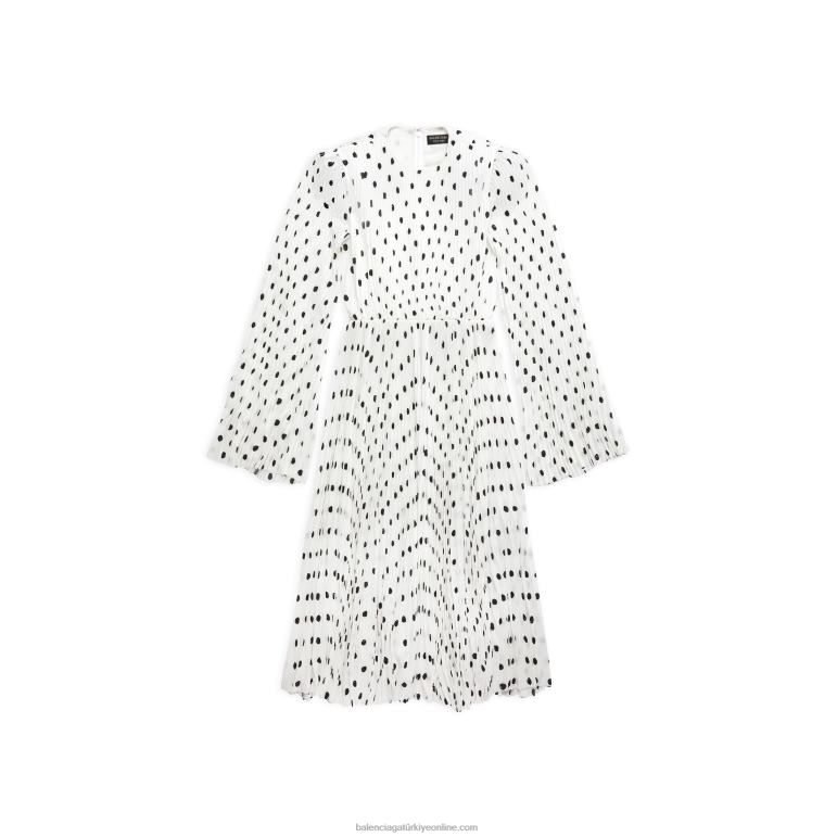 beyaz DBJ0F111 kadın elle çizilmiş puantiyeli pileli elbise Balenciaga
