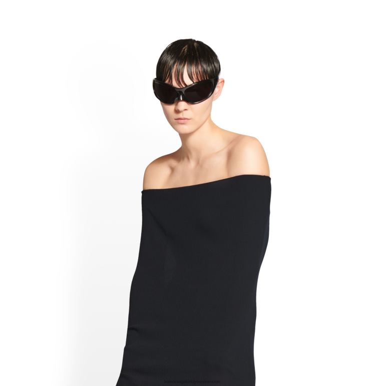 siyah DBJ0F108 kadın tekne yaka çift katmanlı elbise Balenciaga