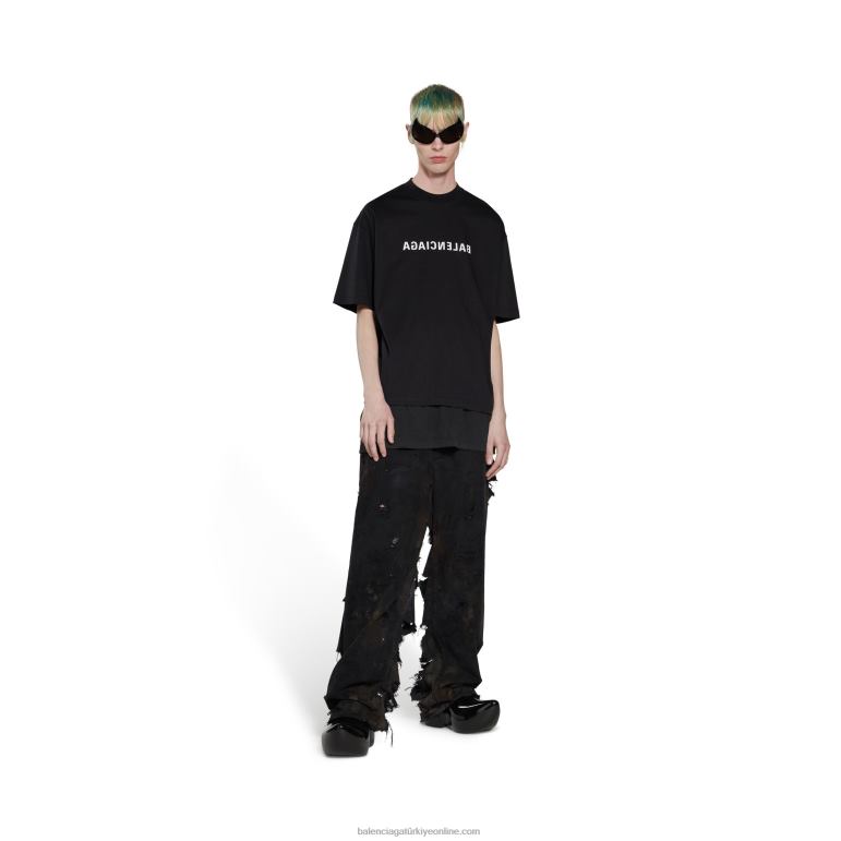 siyah DBJ0F1055 kadın ayna tişört orta kesim Balenciaga