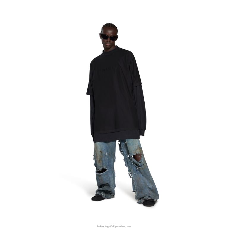 siyah DBJ0F1057 kadın ayna çift trompe l'oeil uzun kollu tişört büyük boy Balenciaga