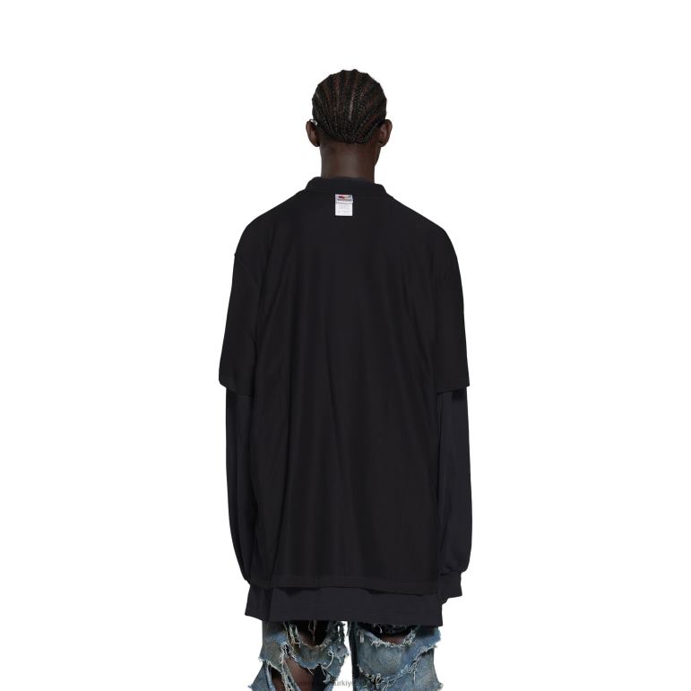 siyah DBJ0F1057 kadın ayna çift trompe l\'oeil uzun kollu tişört büyük boy Balenciaga