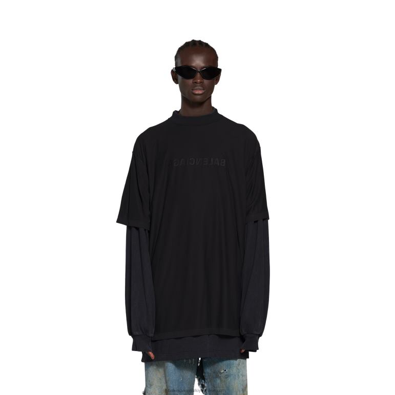 siyah DBJ0F1057 kadın ayna çift trompe l\'oeil uzun kollu tişört büyük boy Balenciaga