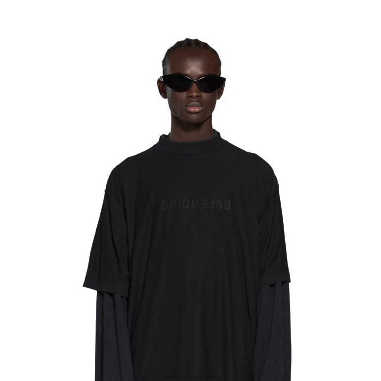 siyah DBJ0F1057 kadın ayna çift trompe l\'oeil uzun kollu tişört büyük boy Balenciaga