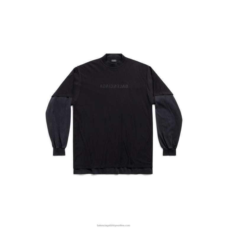 siyah DBJ0F1057 kadın ayna çift trompe l\'oeil uzun kollu tişört büyük boy Balenciaga
