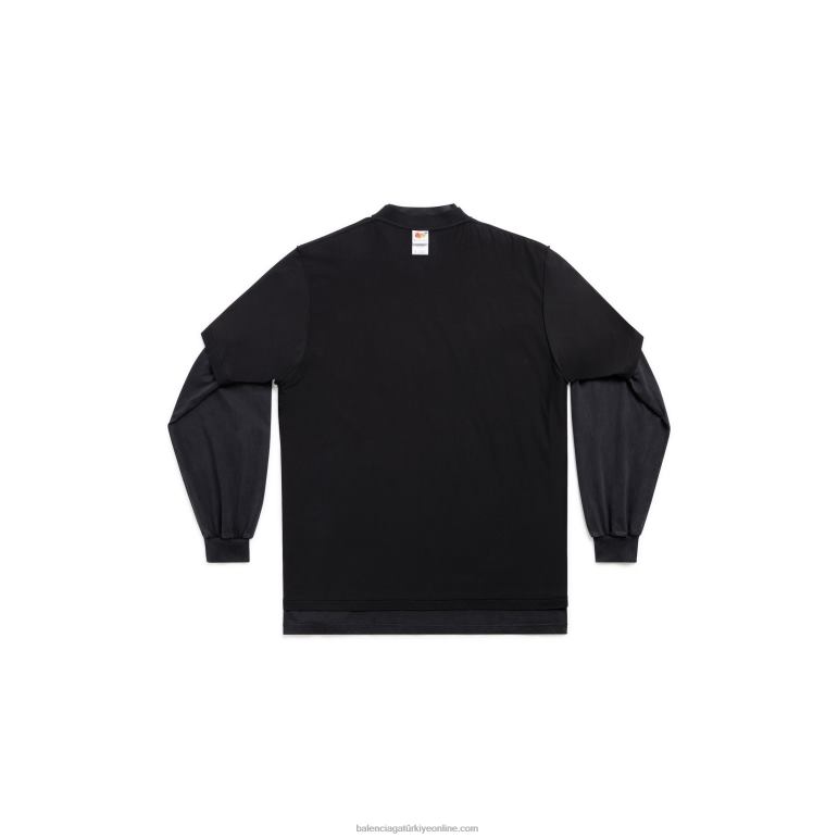 siyah DBJ0F1057 kadın ayna çift trompe l\'oeil uzun kollu tişört büyük boy Balenciaga